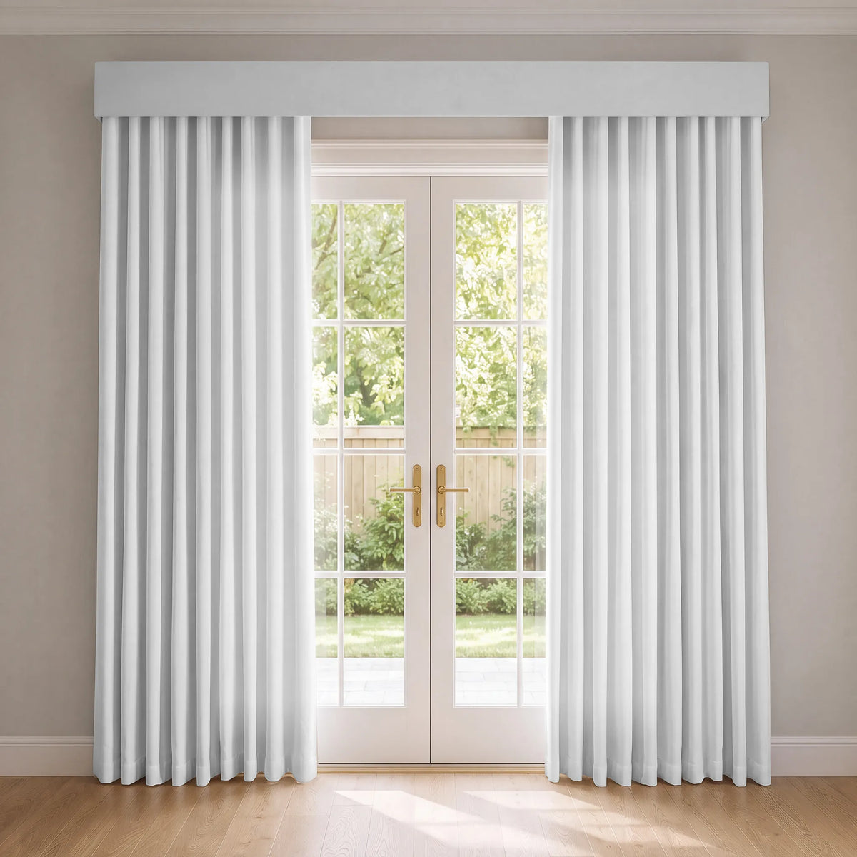 A pair of white pleated window curtains with a matching white valance, hanging on a French door in a bright room with light wood floors and a garden view.