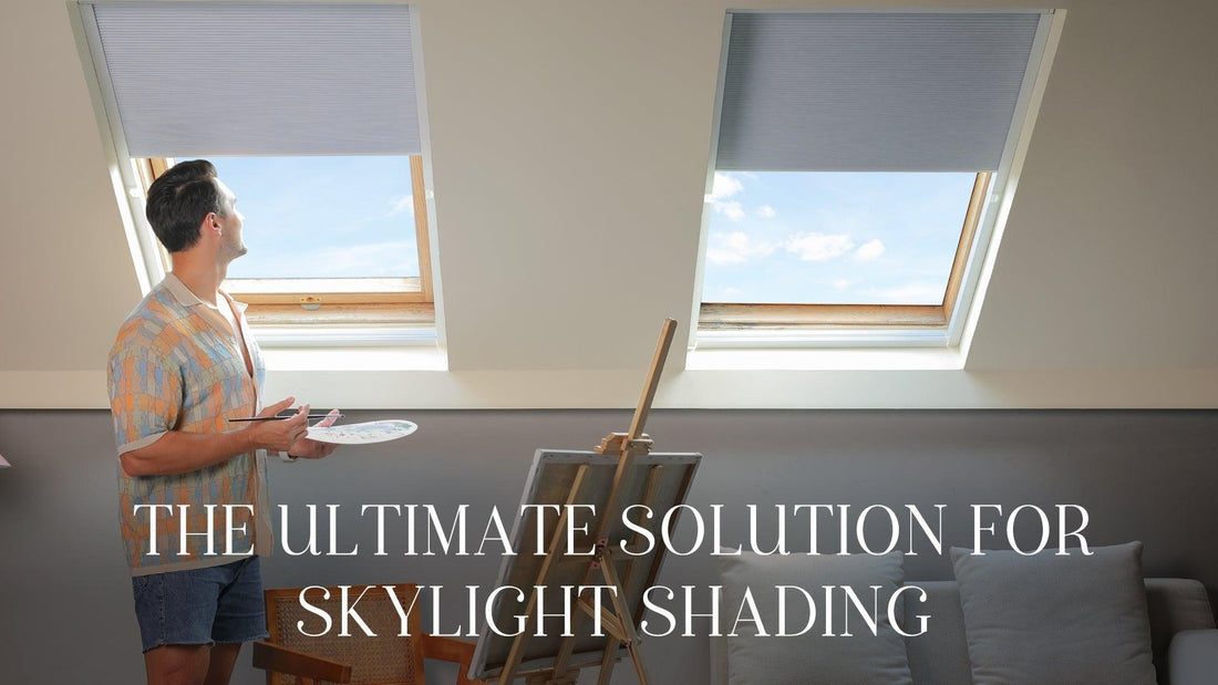 Modern attic with skylight window shades, artist painting by natural light, text overlay.
