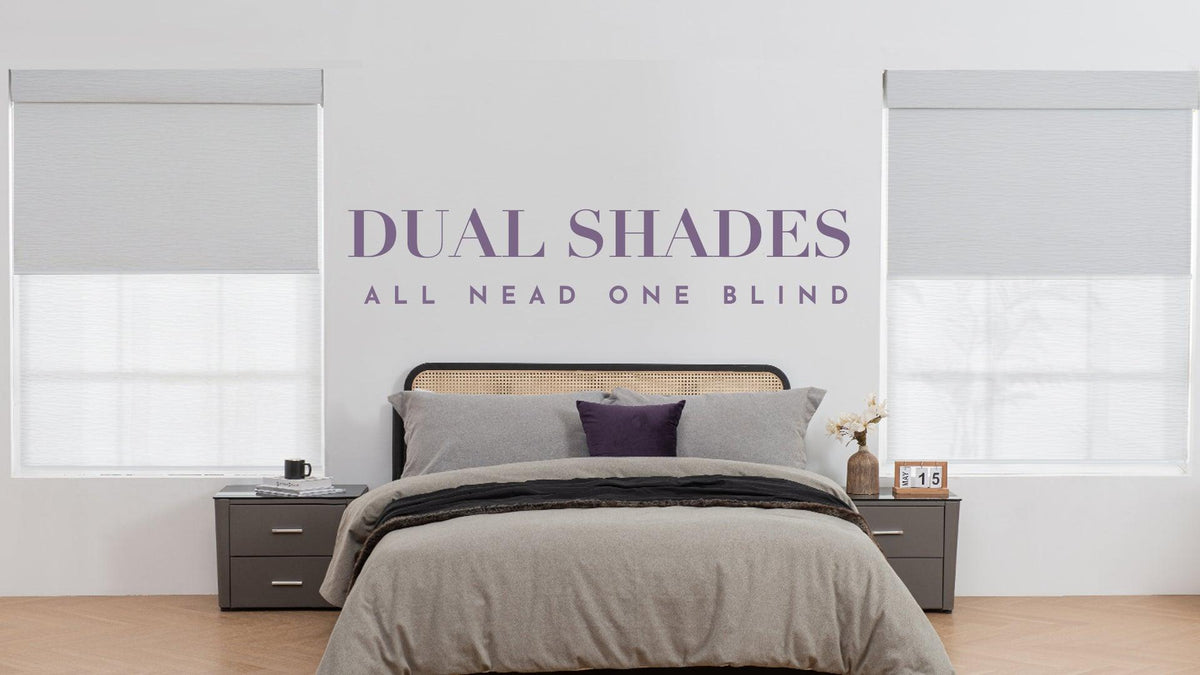 Modern bedroom with dual shades window blinds, neutral bedding, and minimalist decor