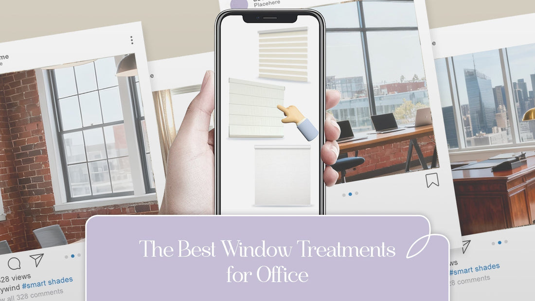 Hand holding smartphone showing smart window shades selection for modern office windows