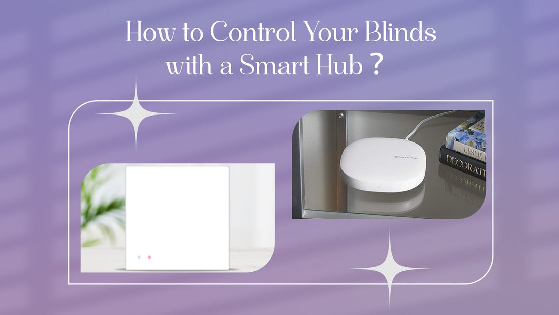Smart hub controlling window blinds, white device on table and SmartThings hub on shelf