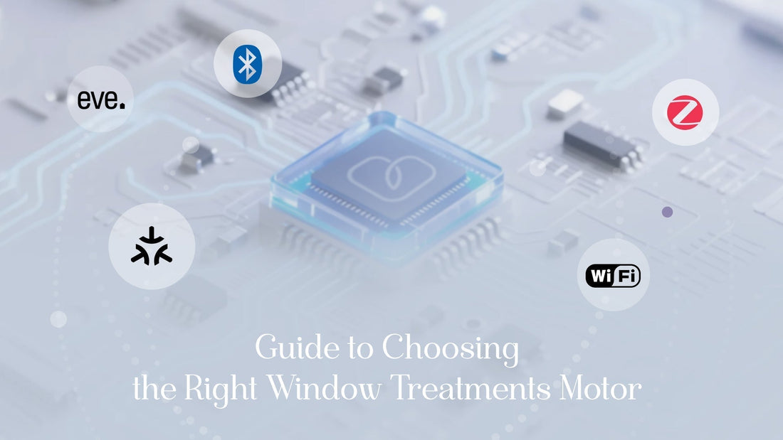 Smart window treatment motor guide with Bluetooth, Zigbee, Matter, WiFi, and Eve icons on a microchip background.