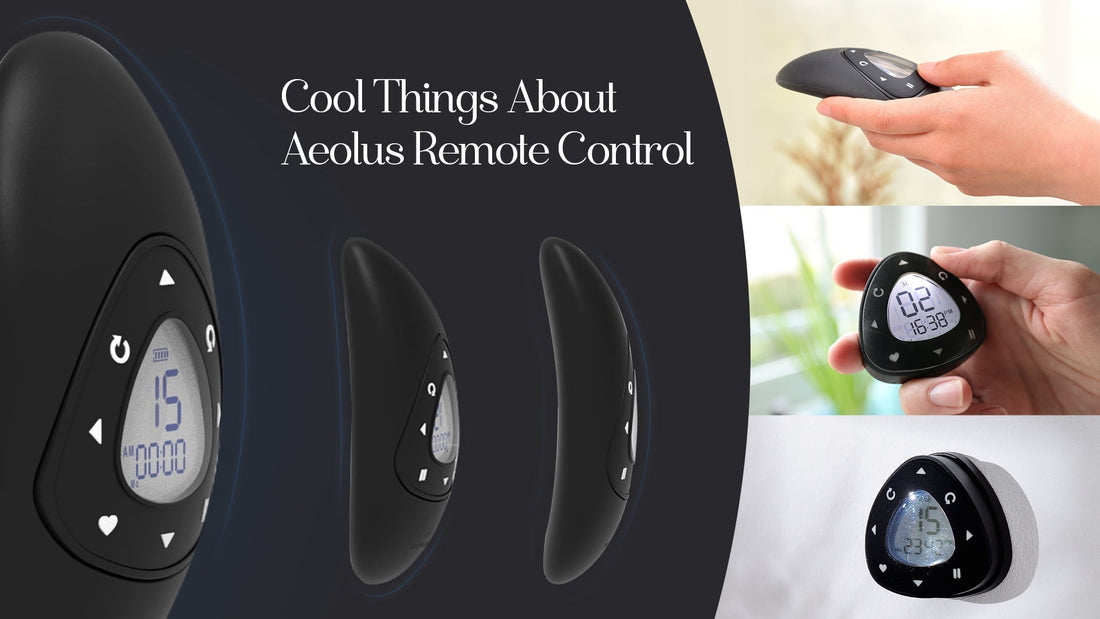 Black Aeolus smart remote control with digital display for window treatments, shown handheld and mounted on wall.