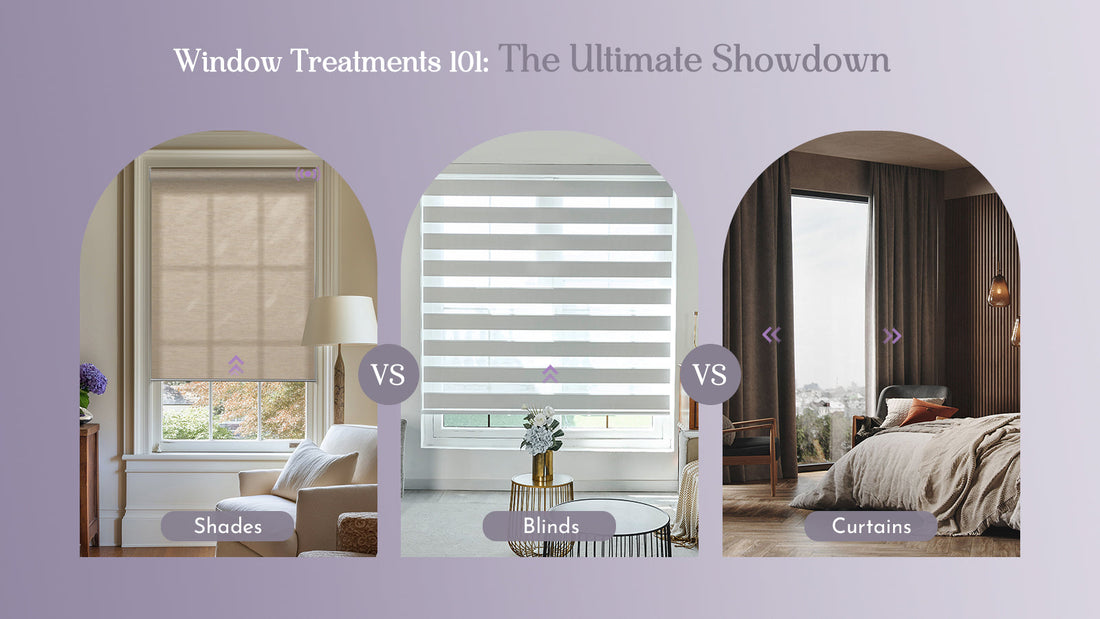 Side-by-side comparison of roller shades, venetian blinds, and fabric curtains in a modern living room.