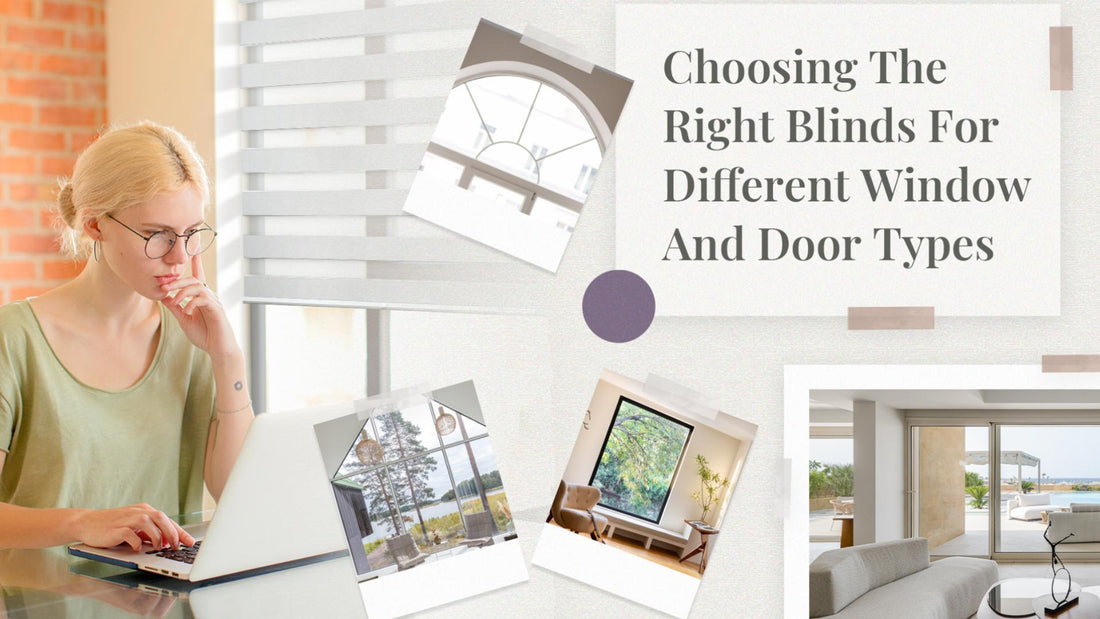 Woman researching blinds on laptop with various window styles and text about choosing blinds for windows and doors.