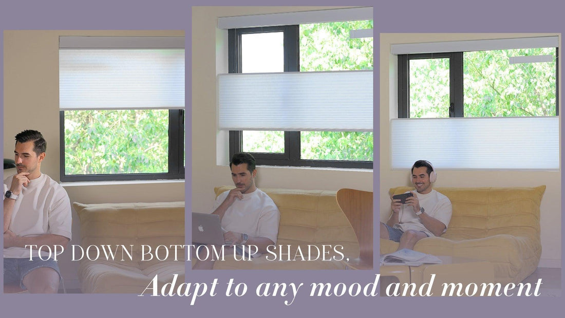 Man relaxing in living room with top down bottom up window shades in various positions.