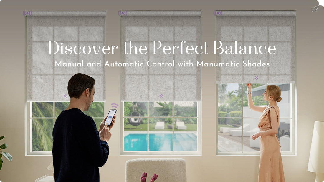 Smart window shades in modern living room, controlled by app and manually, with pool view.