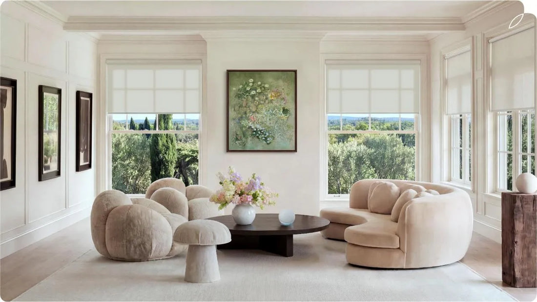 Scene picture of the living room with custom smart roller shades