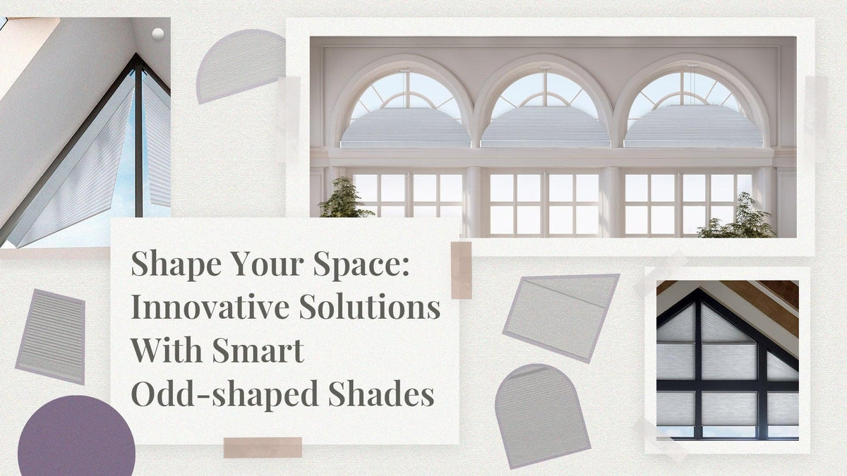 Collage of custom smart window shades for arched and angled windows, highlighting odd-shaped window treatments.