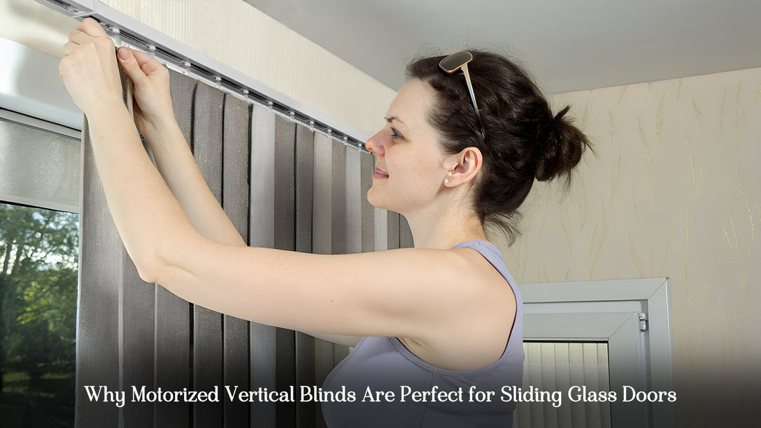 Woman installing graywind motorized vertical blinds on a large window in a modern room