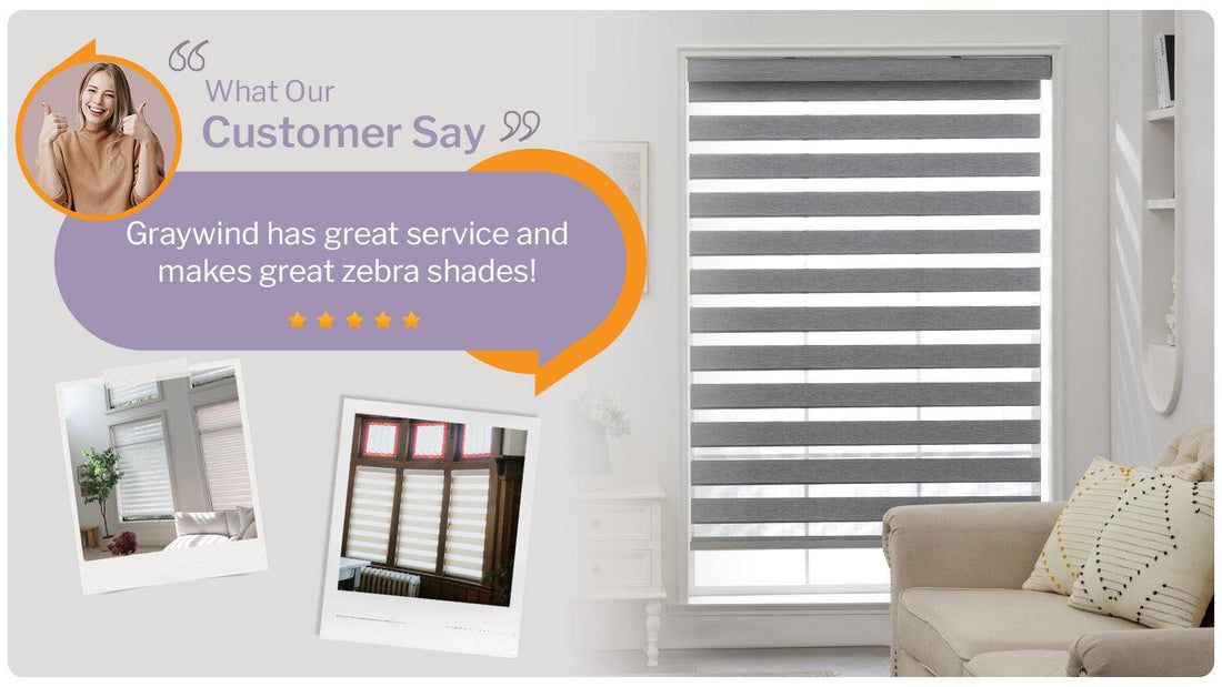 Modern living room with graywind zebra window shades, customer testimonial, and decor accents.
