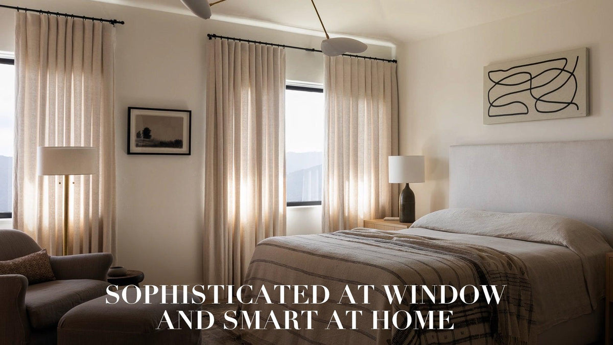 Modern bedroom with smart beige curtains, upholstered bed, cozy armchair, and natural light