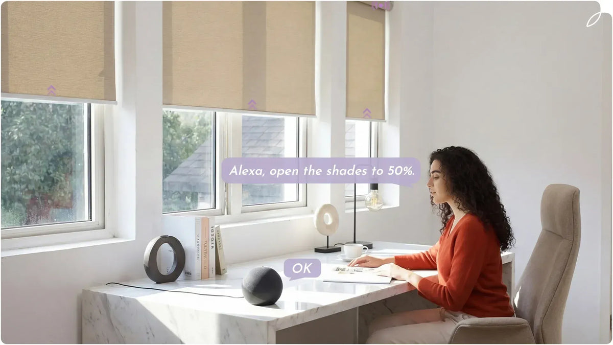 A picture of a woman studying in a study room. The girl is controlling the shades with app