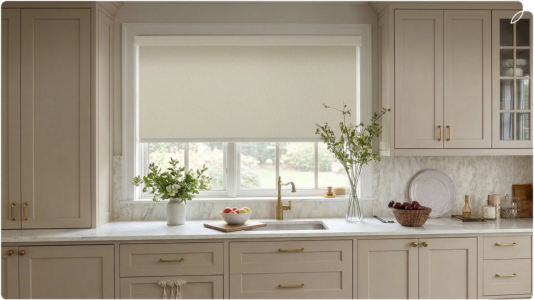 A kitchen scene picture with the roller shades