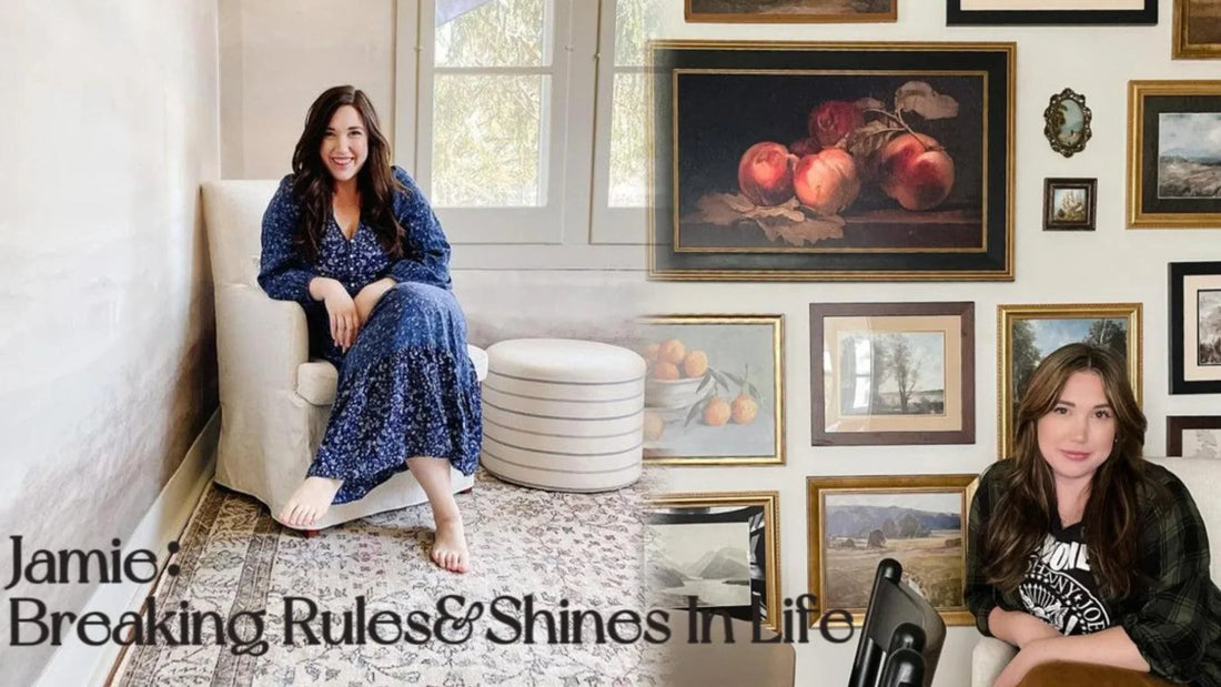 Woman in blue dress sitting in living room and woman with artwork gallery wall, cozy home decor