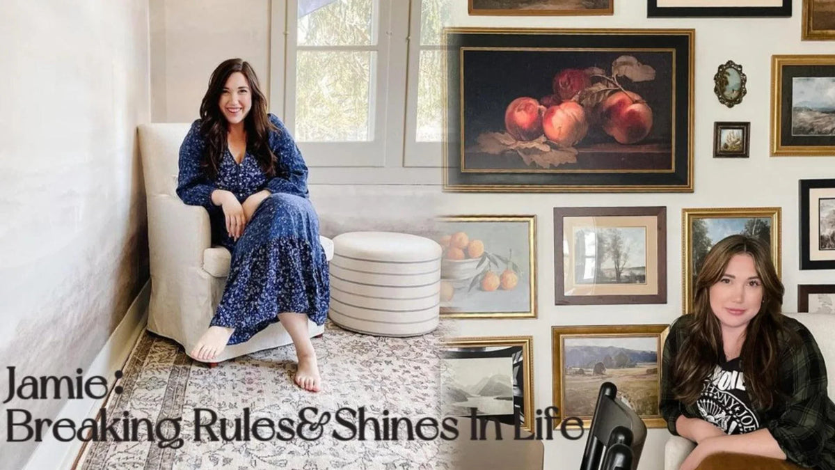 Woman in blue dress sitting in living room and woman with artwork gallery wall, cozy home decor