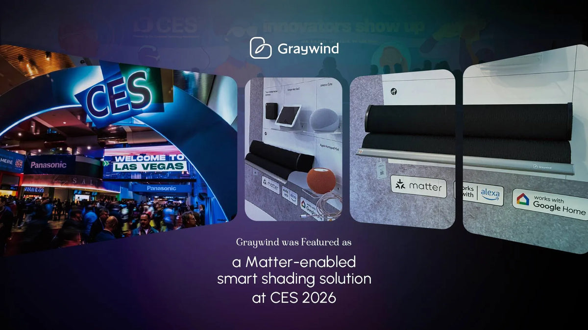 A picture featuring CES live and Graywind products, with the caption: "Graywind was showcased as a matter-enabled smart shading solution at CES 2026."
