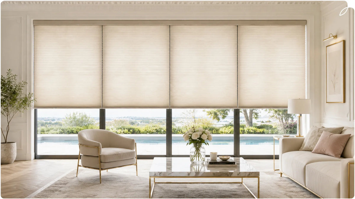 The modern bedroom is equipped with large windows, cellular shades and sofa