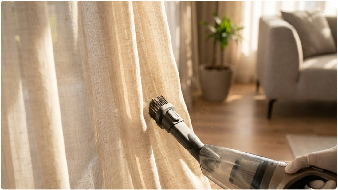A picture showing a vacuum cleaner sucking up the dust from the curtains