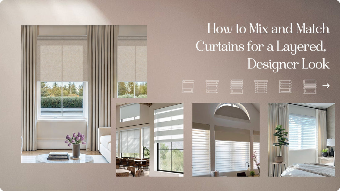 Layered window treatments with curtains, roller blinds, and shades in modern home interiors.