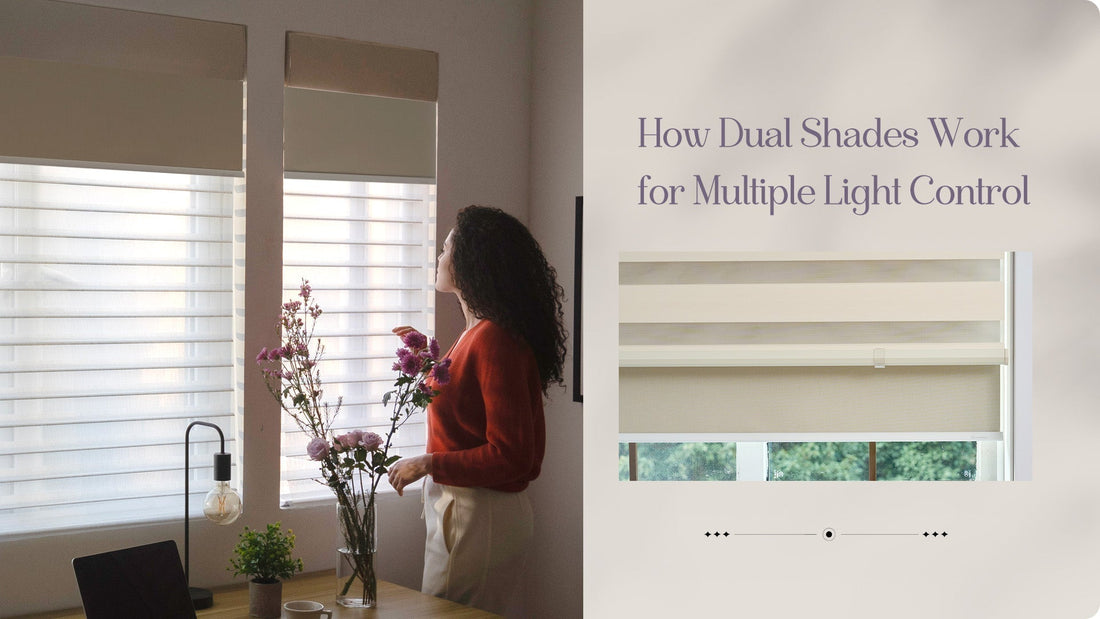 Woman adjusting dual window shades in a bright home office for customizable light control
