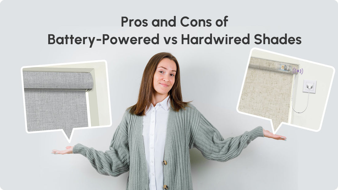 Woman comparing battery-powered vs hardwired smart window shades with fabric samples.