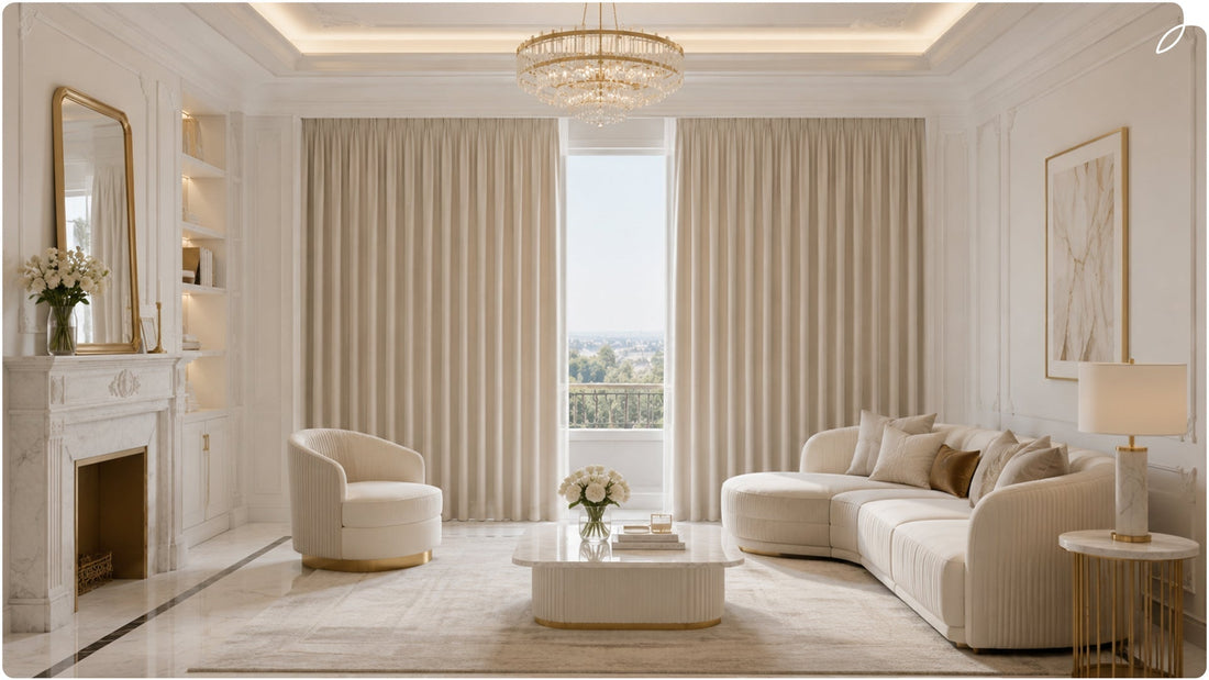 A scene picture of the living room with large windows and curtains