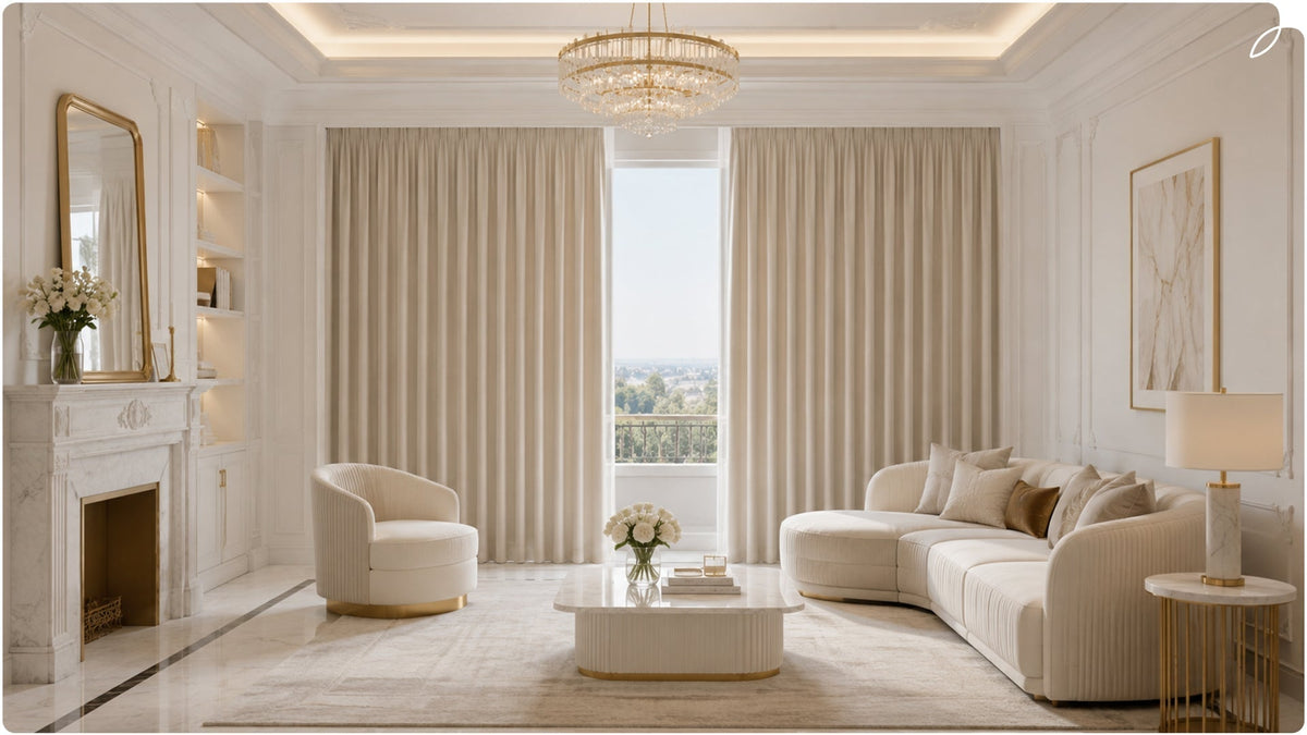 A scene picture of the living room with large windows and curtains