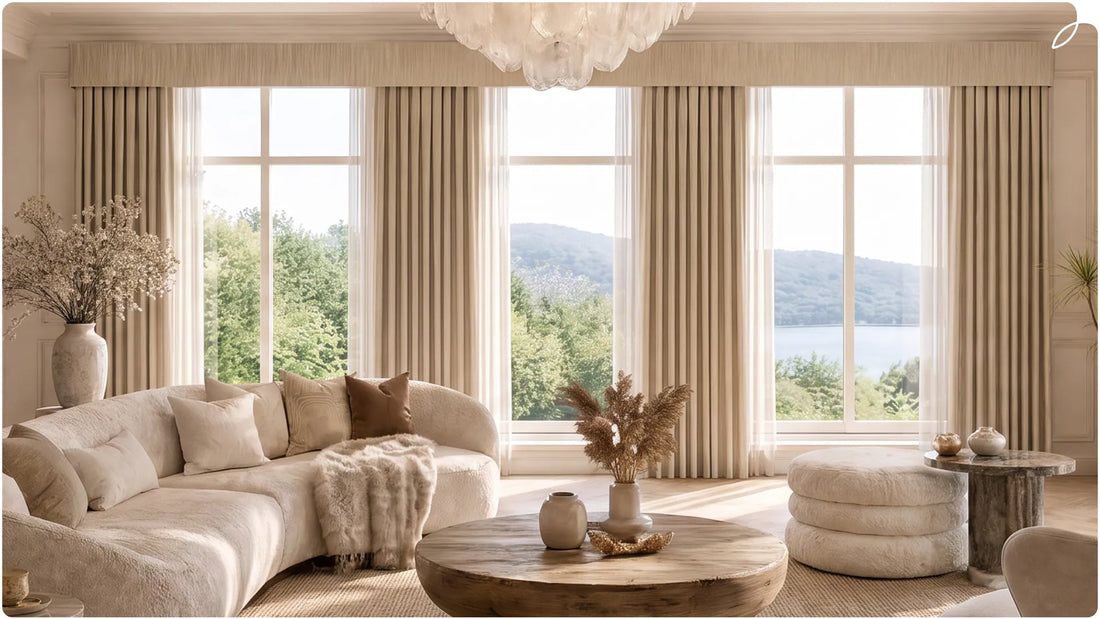 The modern living room features blackout curtains, sheer curtains, sofas, tables and flowers.