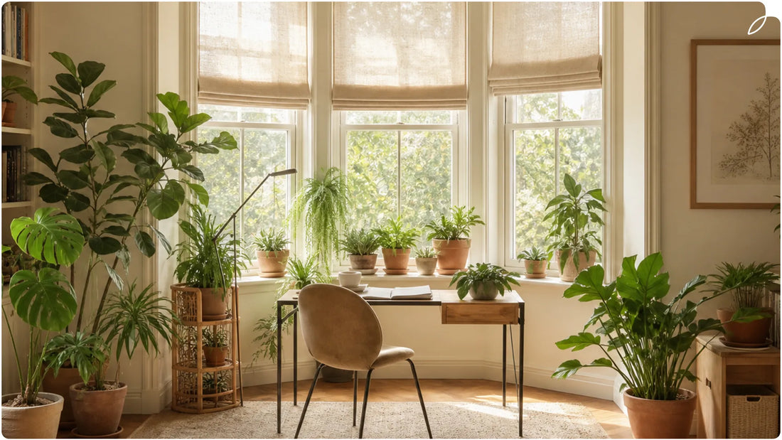 The modern living room features bay windows and roman shades. As a home office, it is surrounded by numerous green plants.
