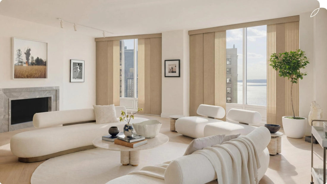 Floor‑to‑ceiling large windows in bright luxury city apartment with modern sliding panel blinds