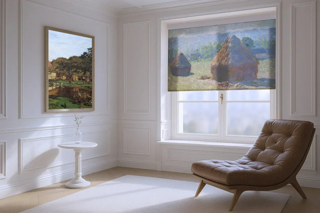 The modern living room is equipped with printed blinds