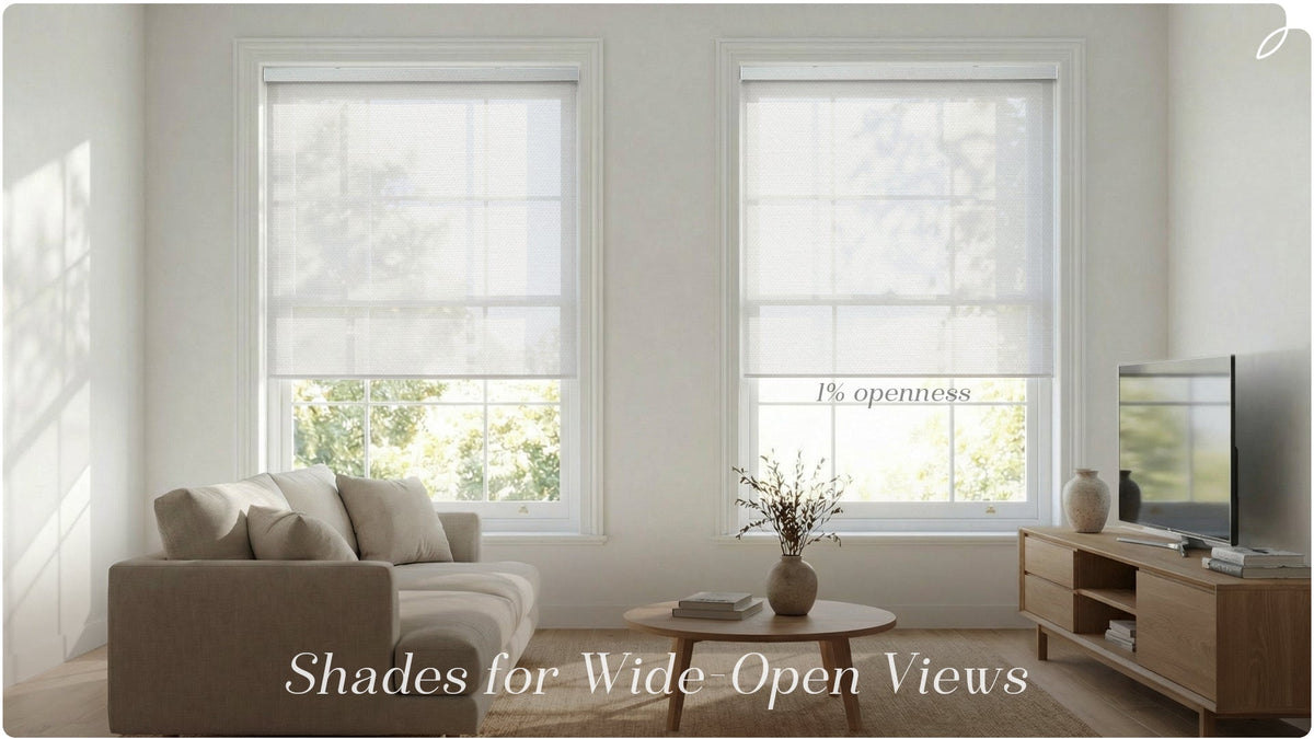 Living room with large windows featuring sheer roller shades, 1% openness, natural light