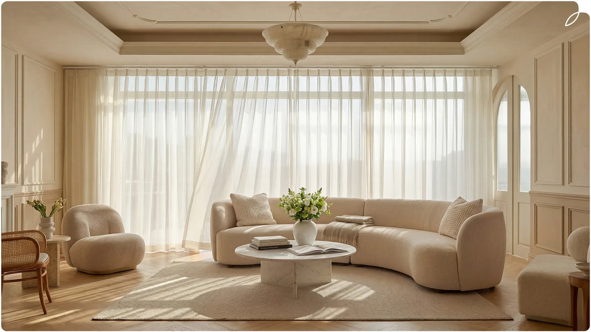 A picture of a living room with sheer curtain