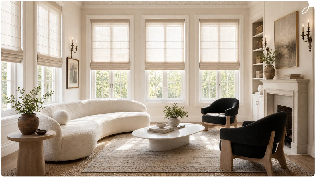 Sheer Roman shades filtering sunlight across multiple living room windows
