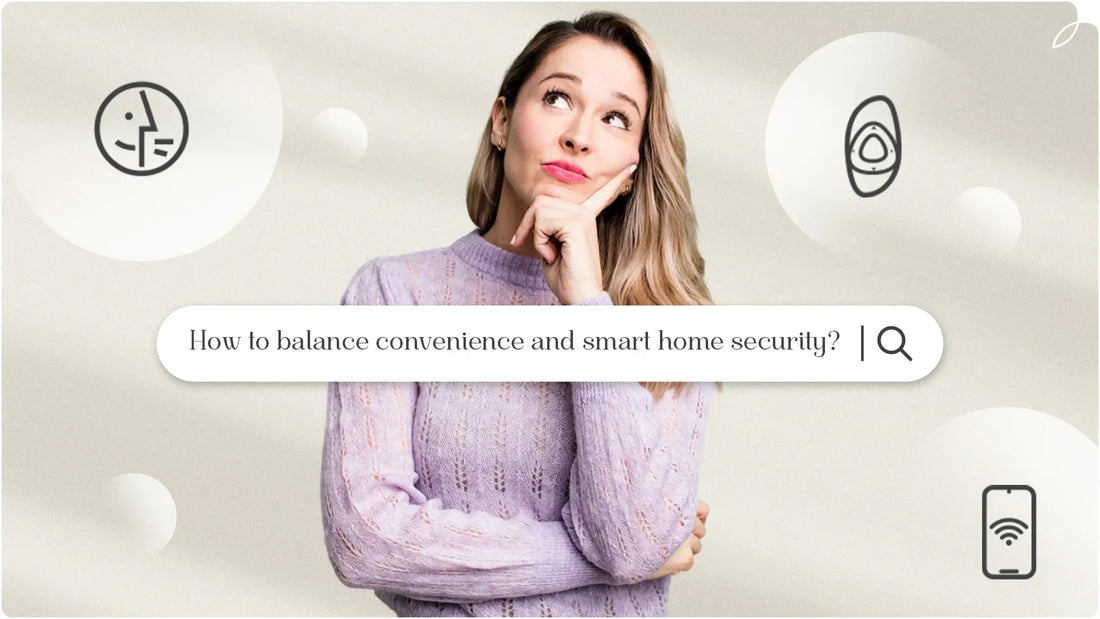 A picture of a woman's contemplation, with "Voice Control" on the left and "Aeolus Remote Control" on the right. In the middle of the picture is the title "How to Balance Convenience and Smart Home Security?"
