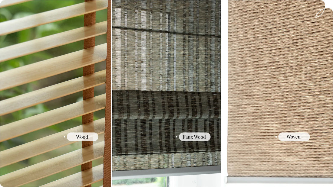 A picture shows three types of Textured Window Treatments, from left to right: Wood, Faux Wood, and Woven.