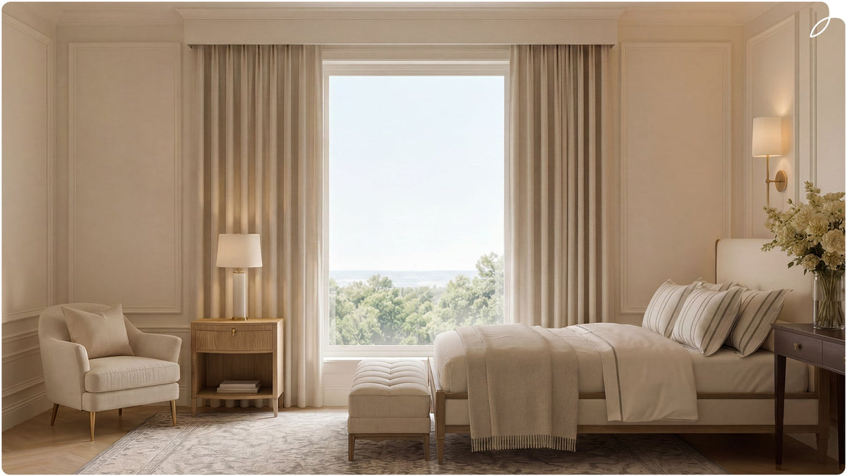 The modern bedroom features Insulated Curtains and a bed.