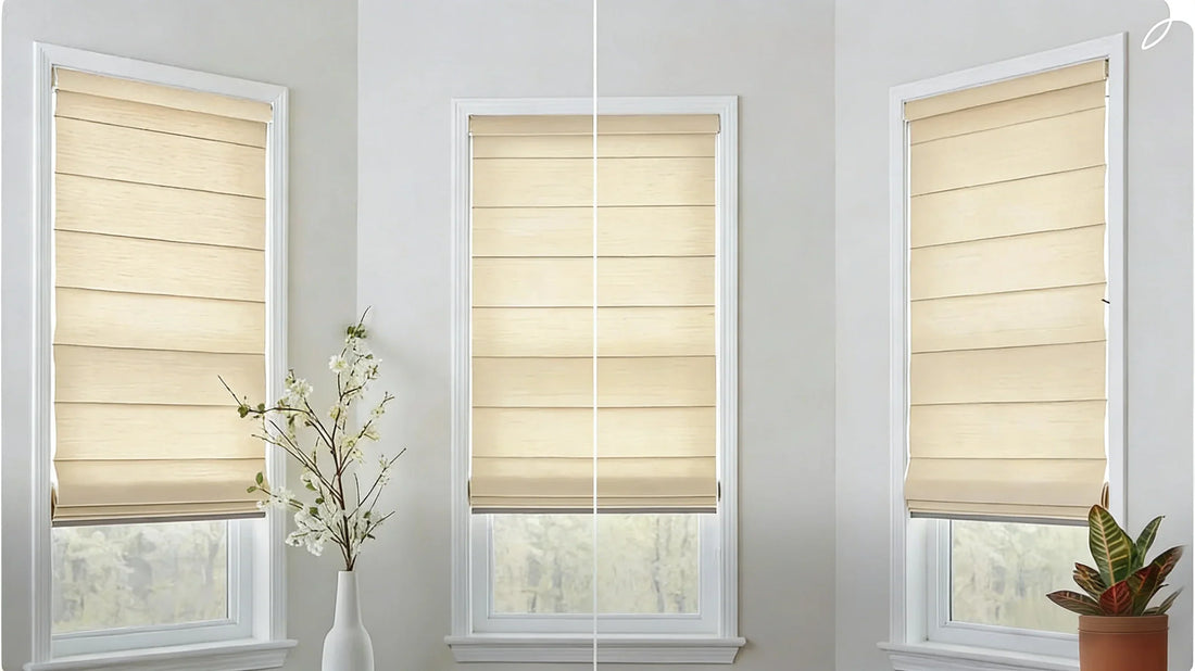 A scene picture of roman shades in the bay window. The style on the left is valance and the one on the right is cornice