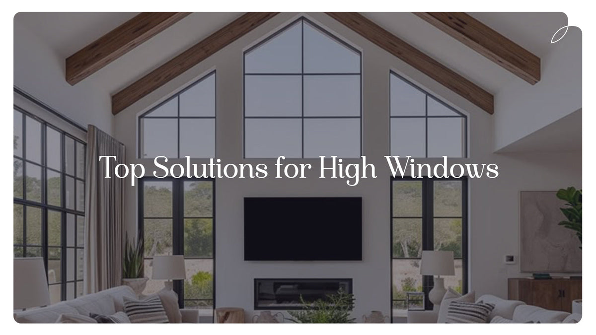 Modern living room with large high windows, wooden beams, curtains, and stylish decor