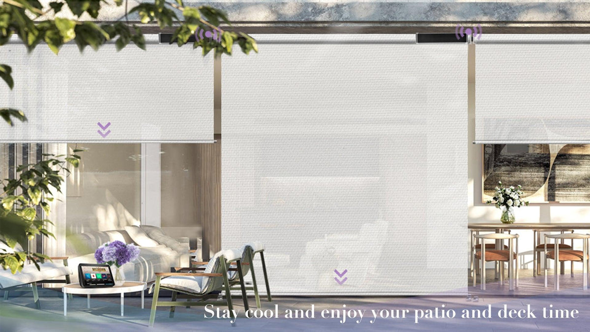 Outdoor smart roller shades covering patio doors, with modern patio furniture and greenery.