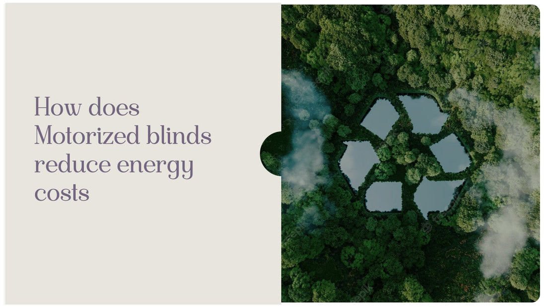 Motorized blinds energy savings text beside aerial forest with recycle symbol made of trees and ponds