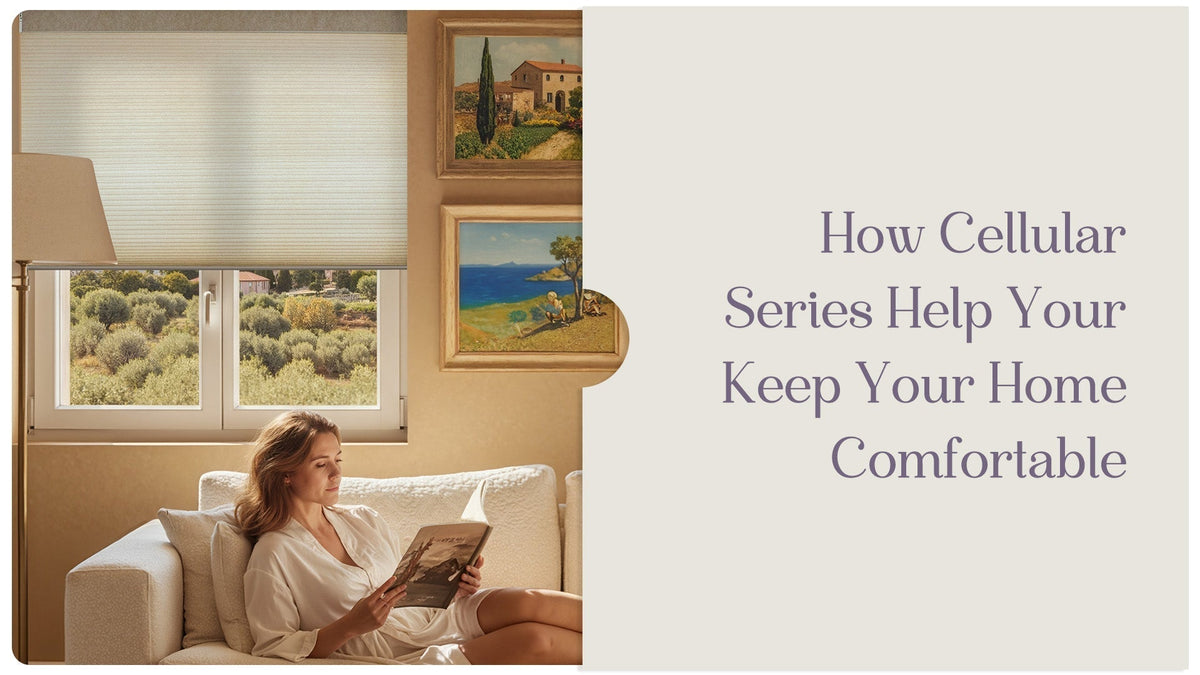 Woman reading on sofa by window with light-filtering cellular shade, cozy living room decor