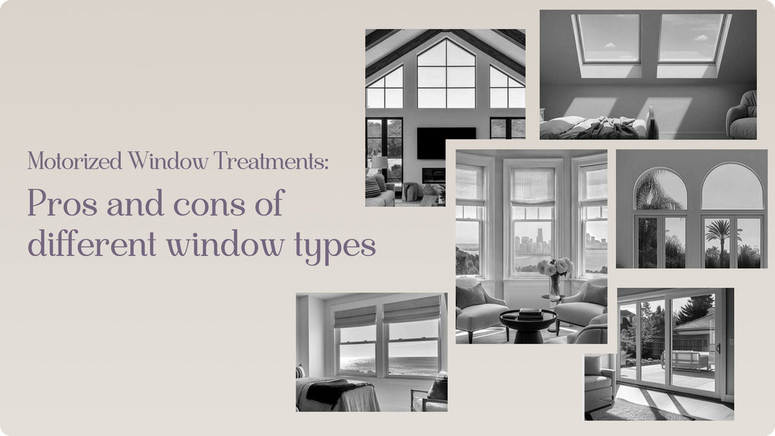 Six viewers of odd shape windows with window treatments, with title "Motorized Window Treatments Pros and cons of different window types" on the left