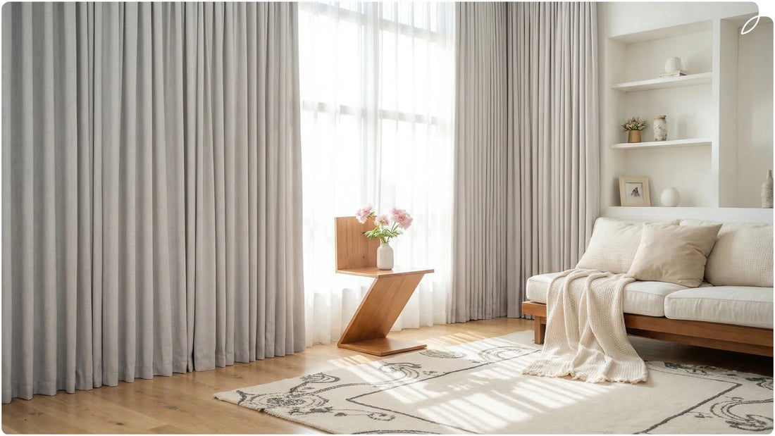 A scene picture of a living room with harmonious colors and curtains