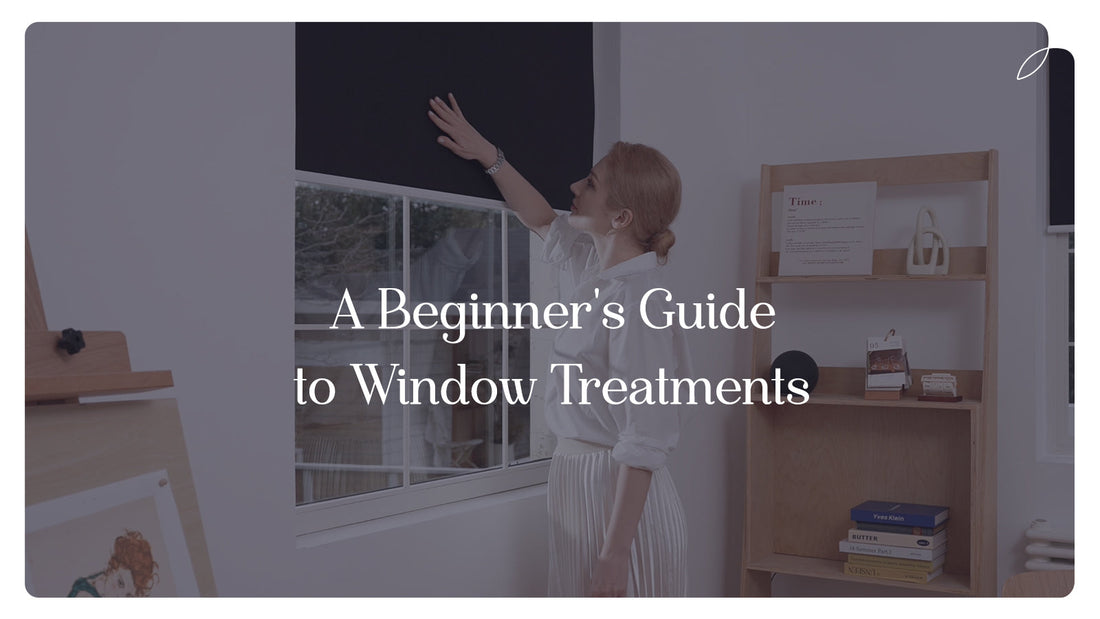 Woman adjusting blackout window shade in modern living room, beginner's window treatment guide