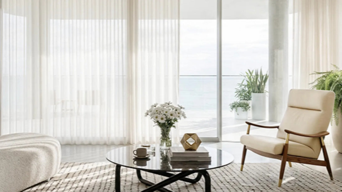 Motorized blinds for large windows in modern living rooms, with stylish furniture and natural light