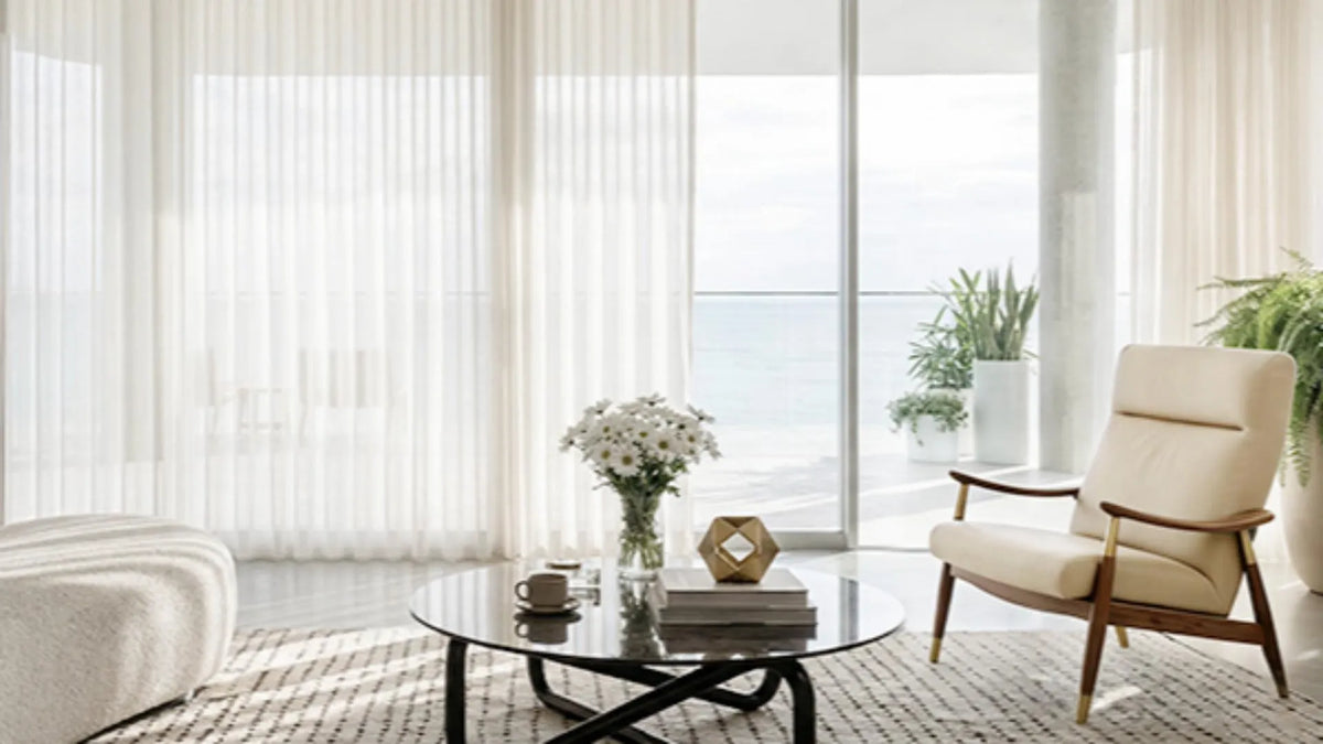 Motorized blinds for large windows in modern living rooms, with stylish furniture and natural light