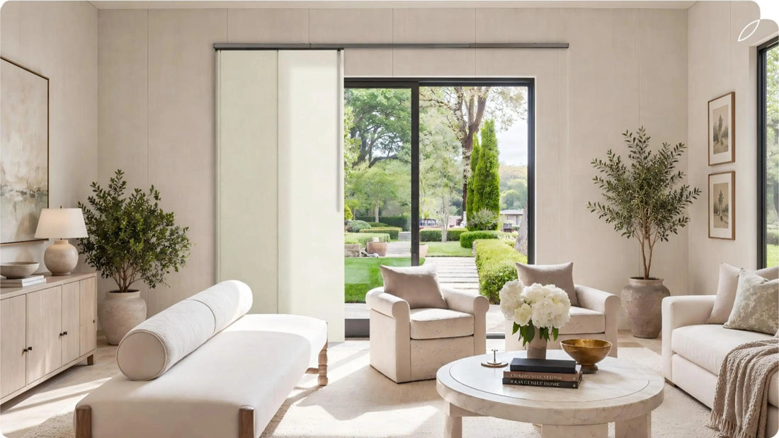 Modern minimalist living room with large Windows and panel track blinds
