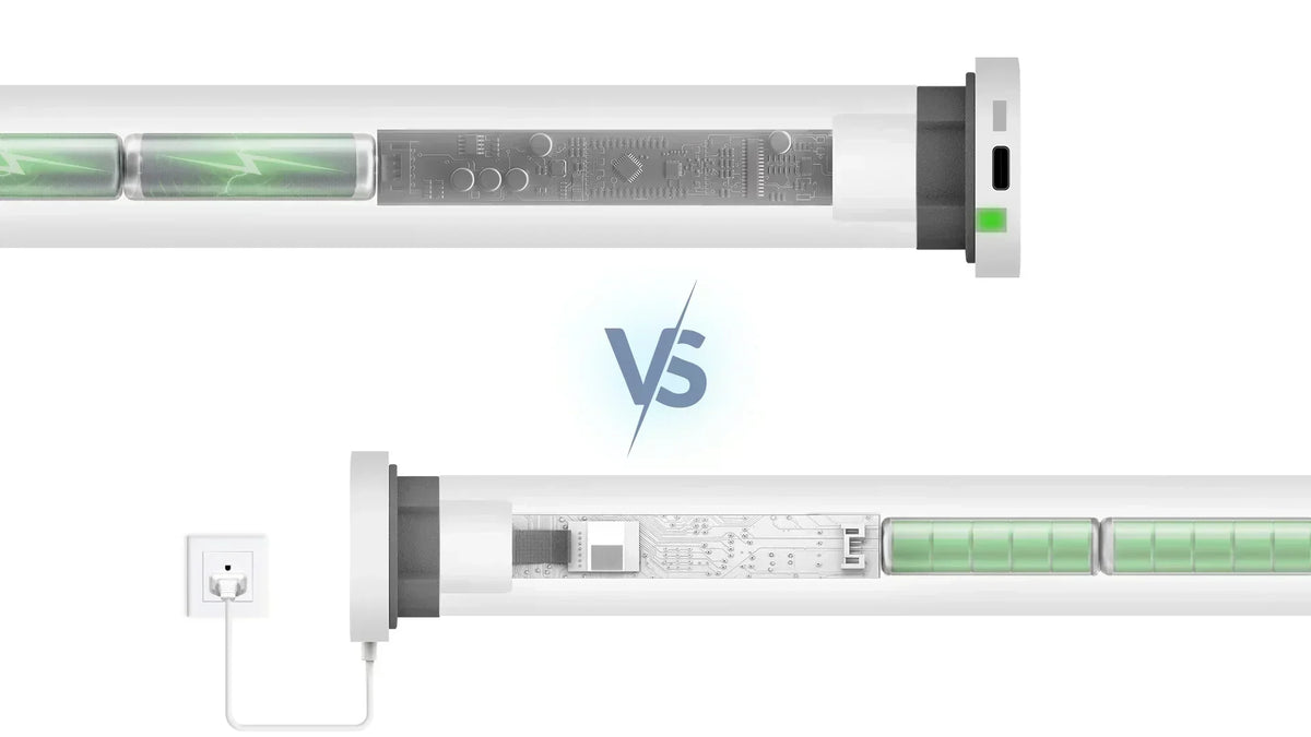 comparing battery-powered vs hardwired smart window shades with fabric samples.